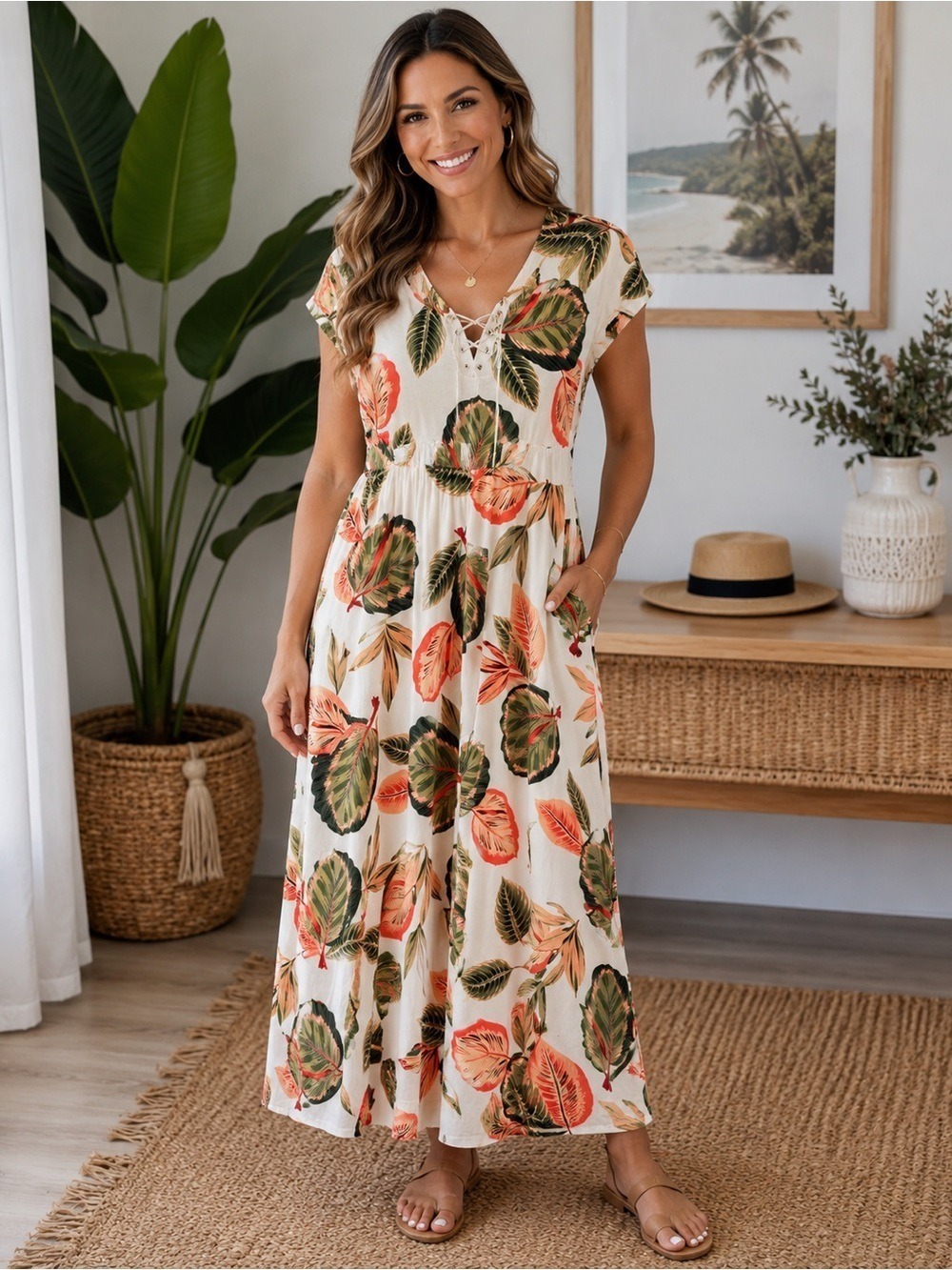 Chaps Tropical Leaf Maxi Dress - White with Green & Coral Leaves